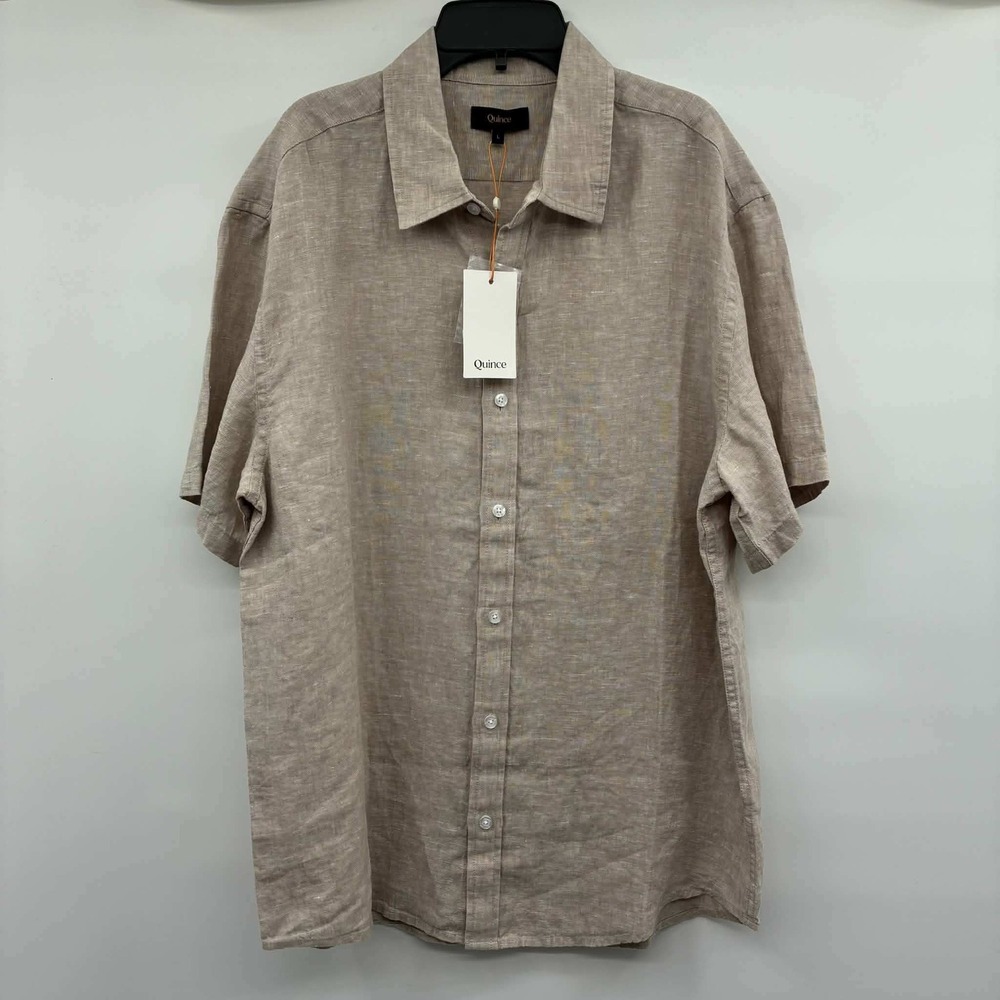 Quince Mens  L 100% Linen Shirt Beige Flax Short Sleeve Button Up NWT Casual